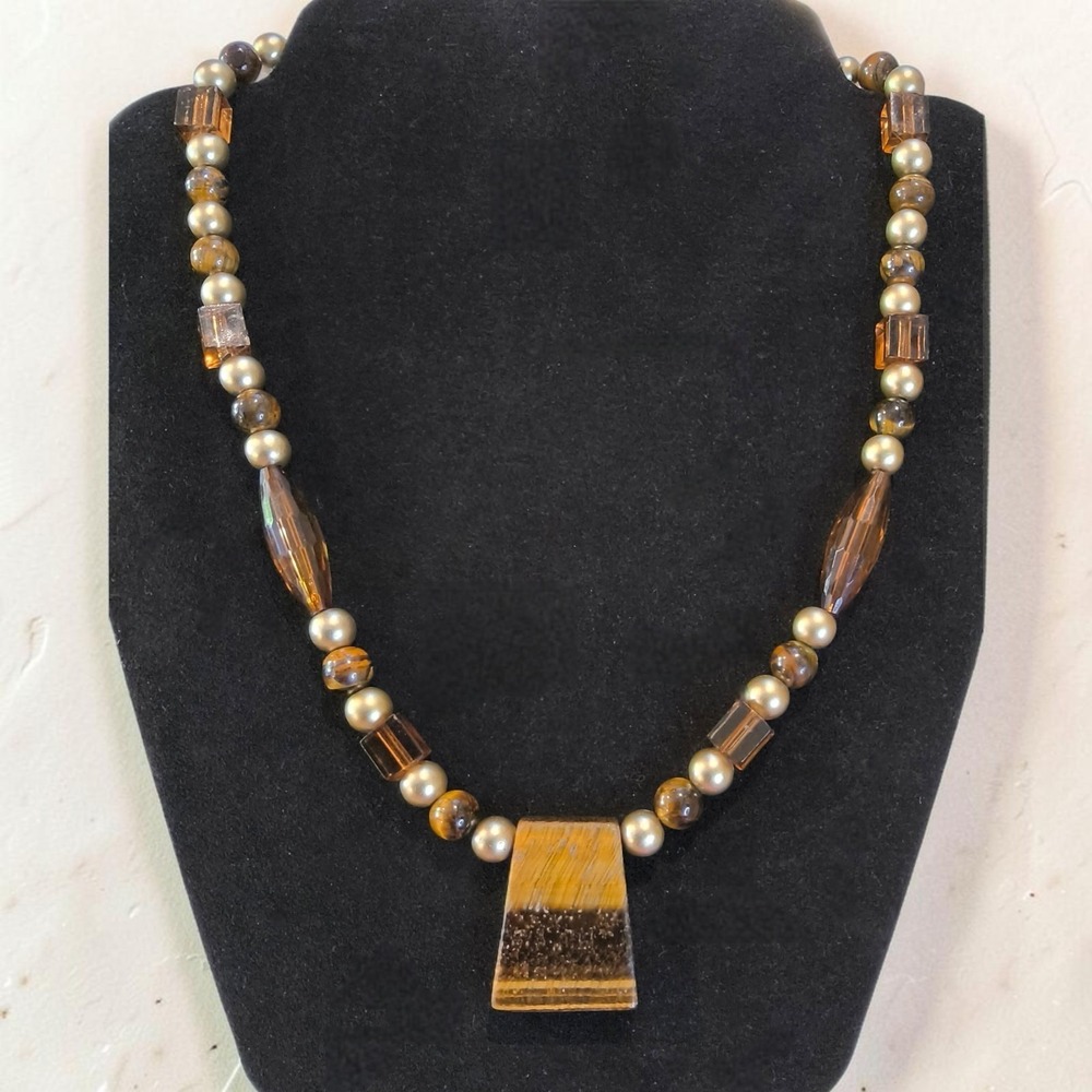 Vintage Genuine Tiger's Eye Pendant Beaded Necklace